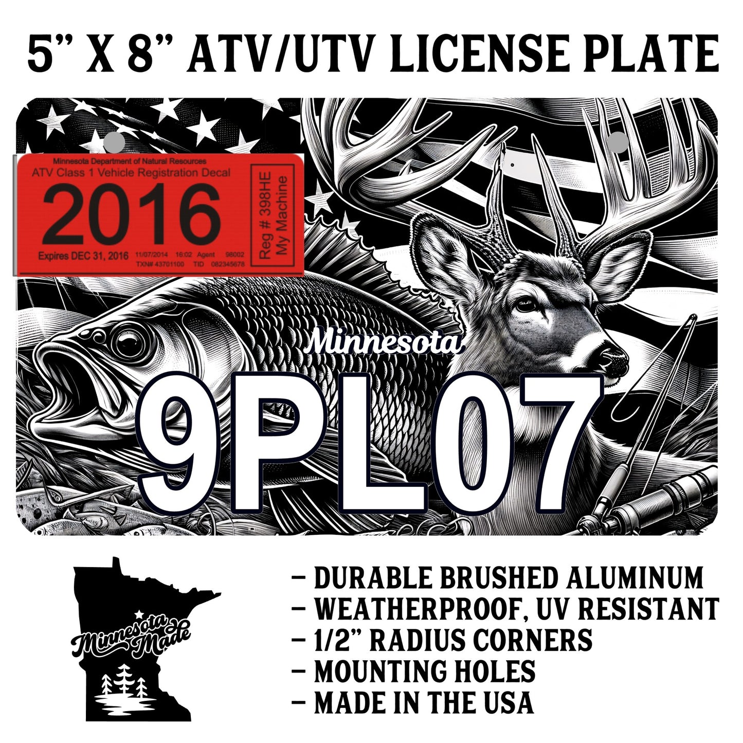 Deer & Walleye American Flag ATV/UTV Plate – 5" x 8" Brushed Aluminum – Black & White