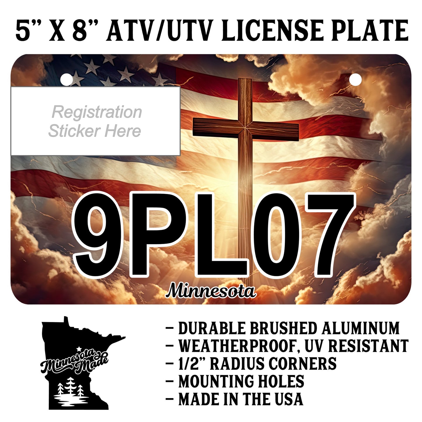 Faith and Freedom ATV/UTV Plate – 5" x 8" Aluminum – Cross and Flag Design
