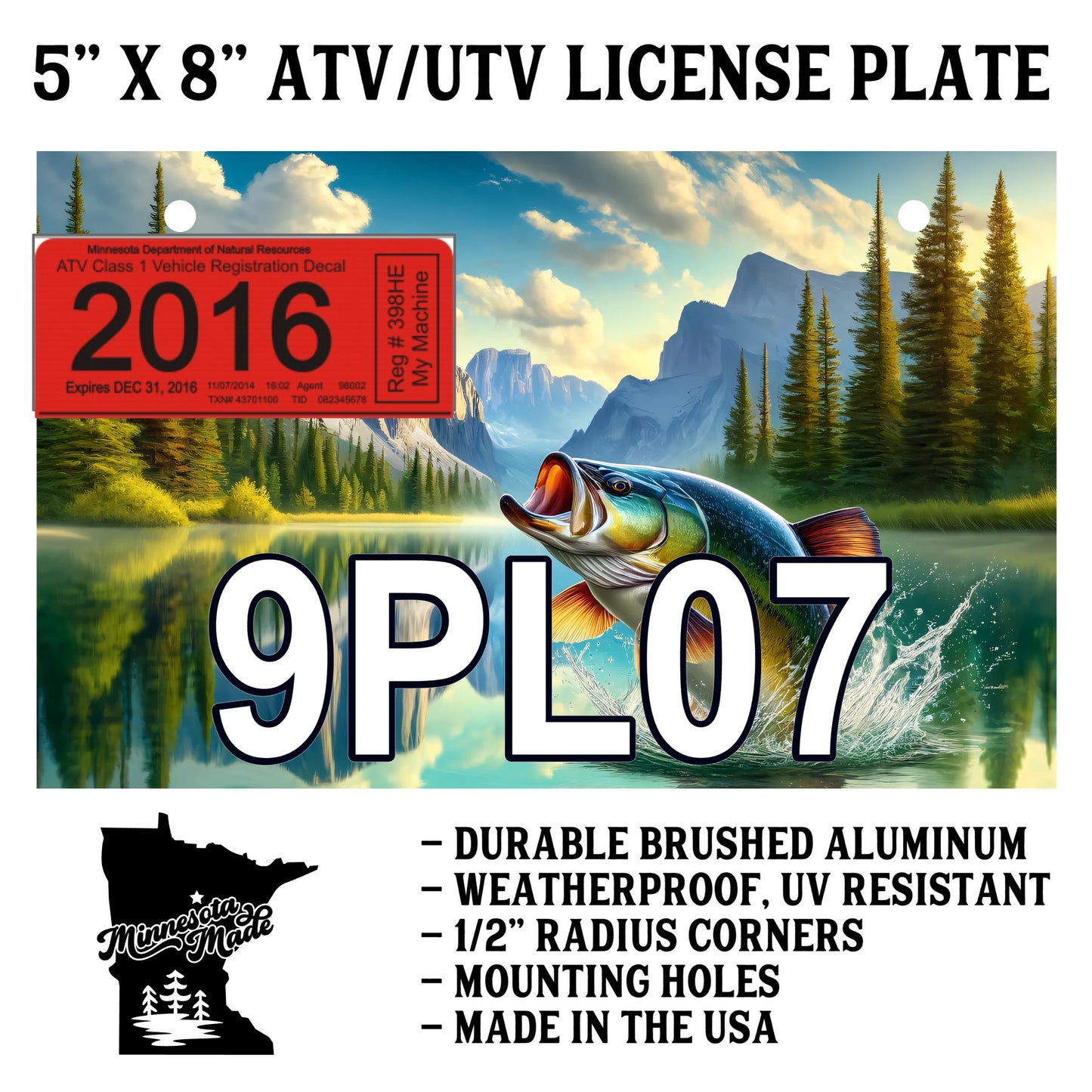 Jumping Bass Mountain Lake ATV/UTV License Plate – 5" x 8" Aluminum
