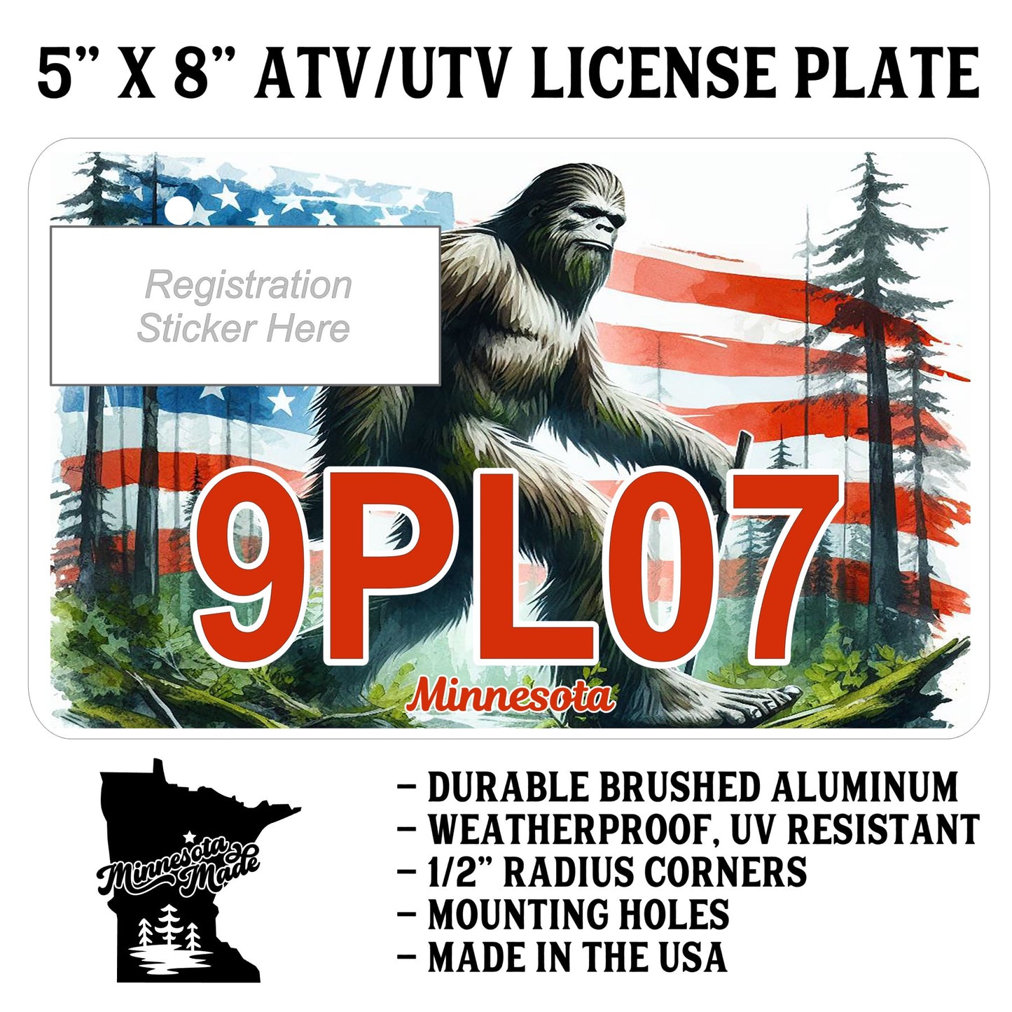 Minnesota Patriotic Bigfoot ATV/UTV License Plate – 5" x 8" Aluminum
