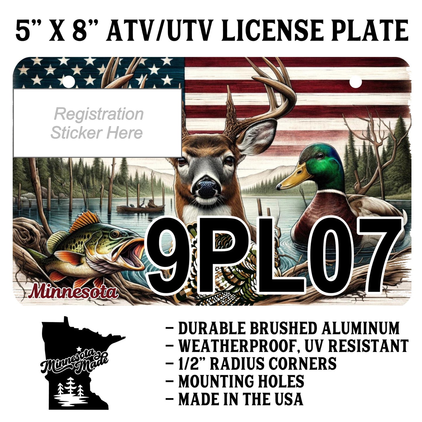 Wildlife ATV/UTV License Plate – Deer, Duck, and Fish – 5" x 8" Aluminum
