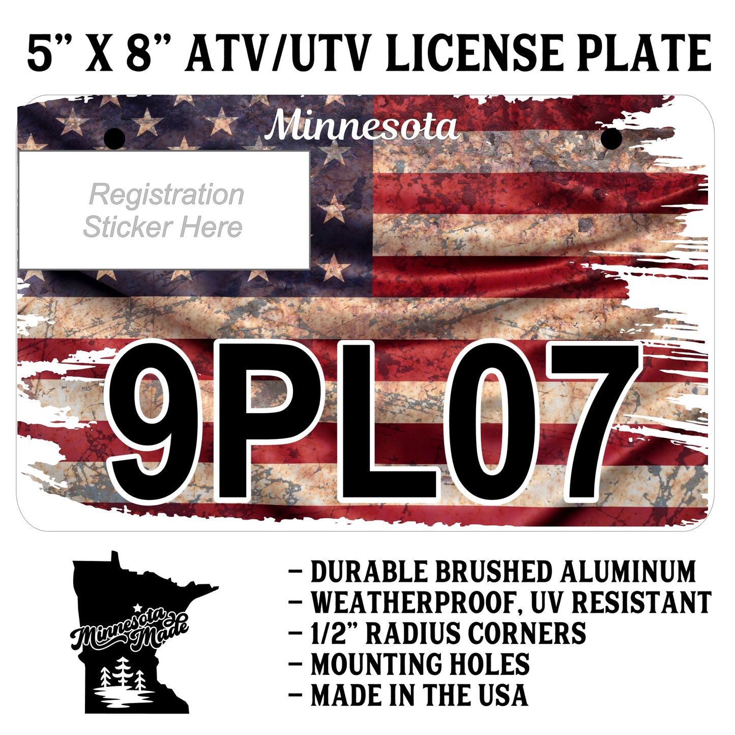 Rustic Distressed American Flag ATV/UTV Plate – 5" x 8" Aluminum