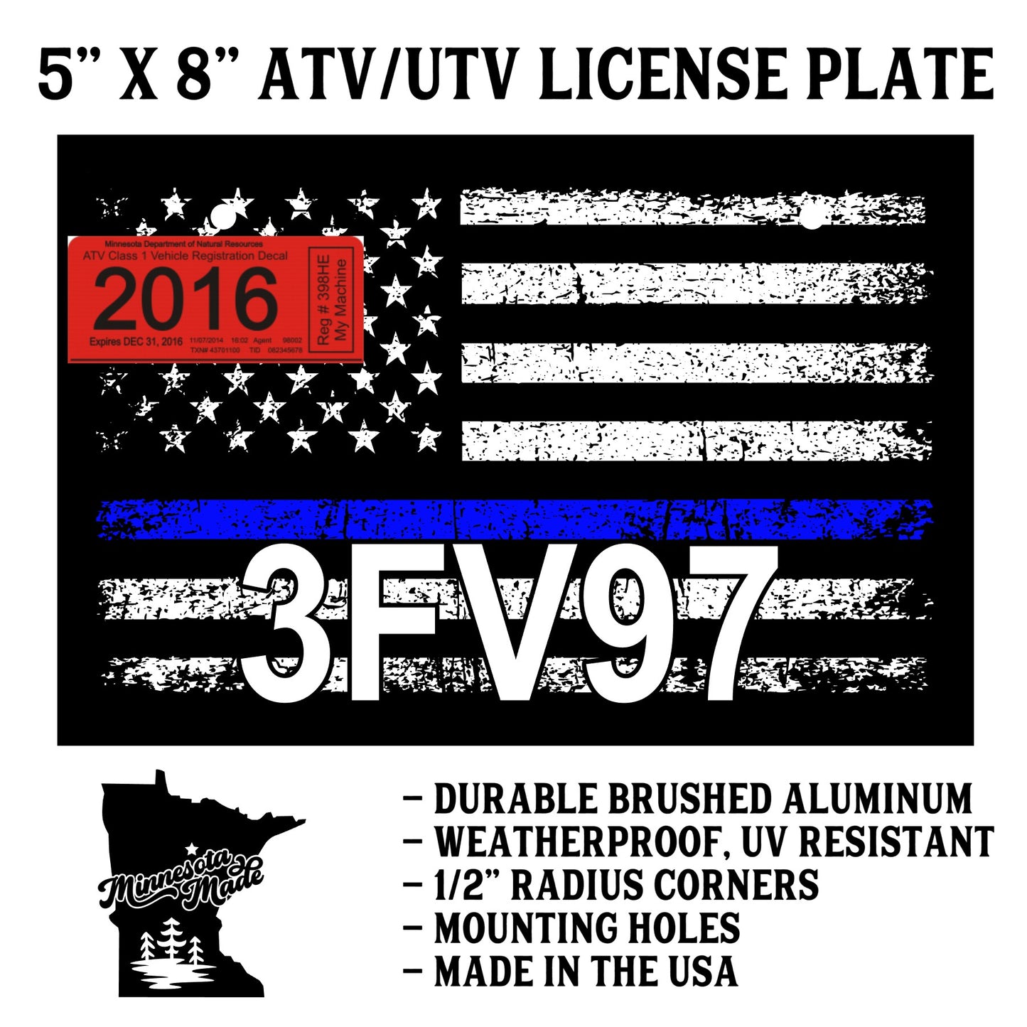 Thin Blue Line Flag ATV/UTV License Plate – 5" x 8" Aluminum