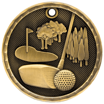 Antique Gold 2 inch Golf 3-D Award Medal