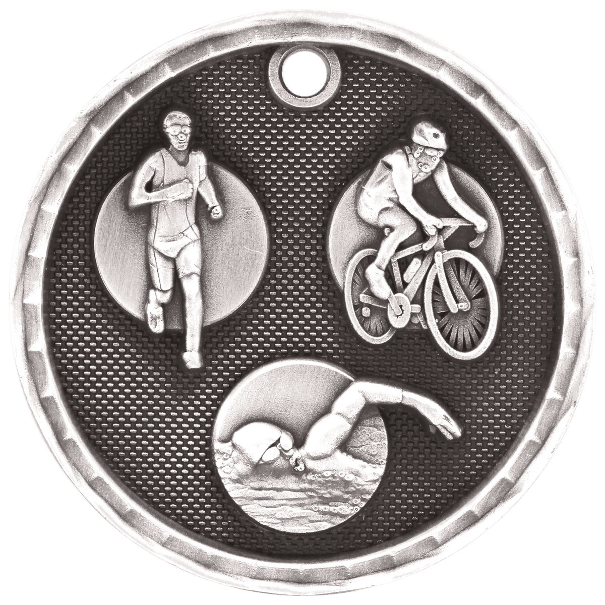 Antique Silver 2 inch Triathlon 3-D Award Medal