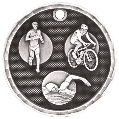 Antique Silver 2 inch Triathlon 3-D Award Medal