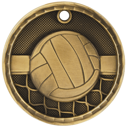 Antique Gold 2 inch Volleyball 3-D Award Medal