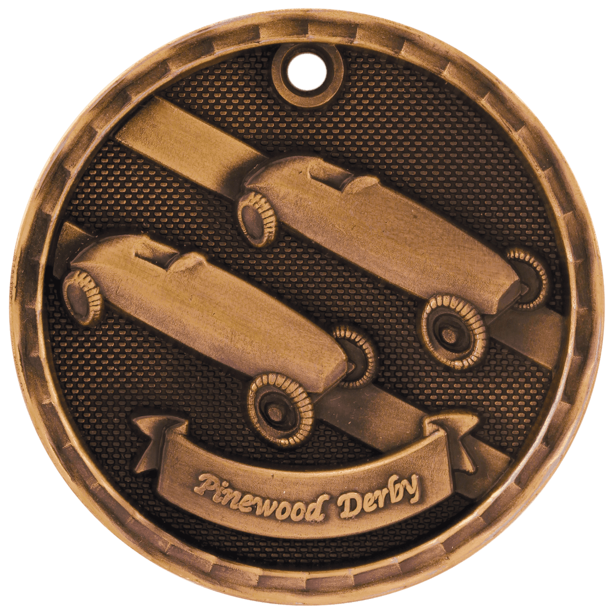 Antique Bronze 2 inch 3-D Pinewood Derby medal
