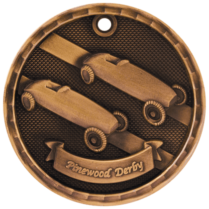 Antique Bronze 2 inch 3-D Pinewood Derby medal
