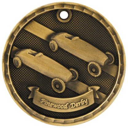 Antique Gold 2 inch 3-D Pinewood Derby medal