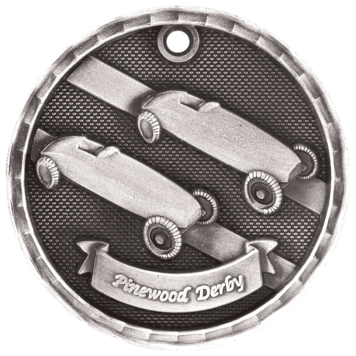 Antique Silver 2 inch 3-D Pinewood Derby medal