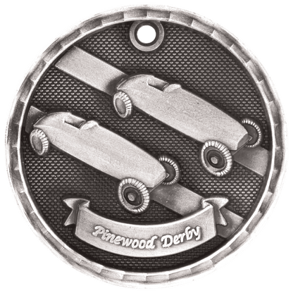 Antique Silver 2 inch 3-D Pinewood Derby medal