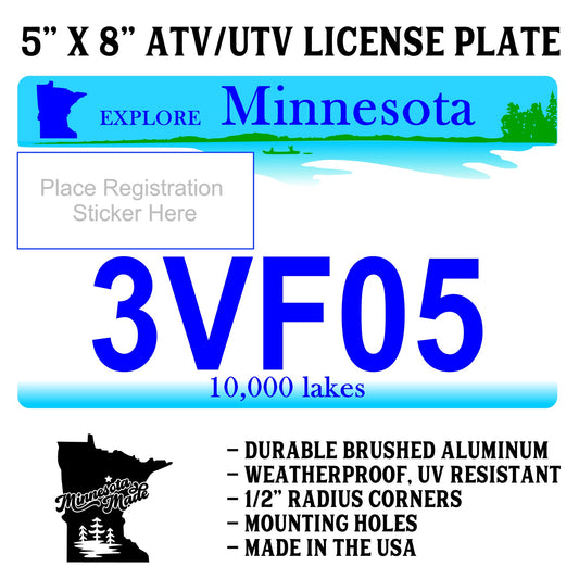Classic Explore Minnesota ATV/UTV License Plate – 5" x 8" Aluminum – 10,000 Lakes Design Color