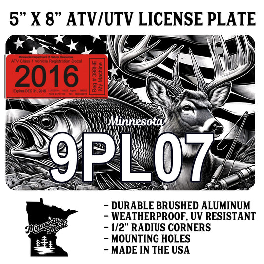 Deer & Walleye American Flag ATV/UTV Plate – 5" x 8" Brushed Aluminum – Black & White