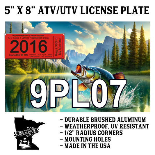 Jumping Bass Mountain Lake ATV/UTV License Plate – 5" x 8" Aluminum