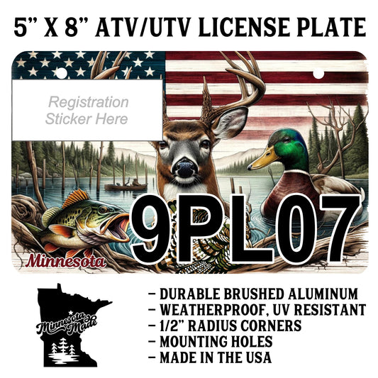 Wildlife ATV/UTV License Plate – Deer, Duck, and Fish – 5" x 8" Aluminum