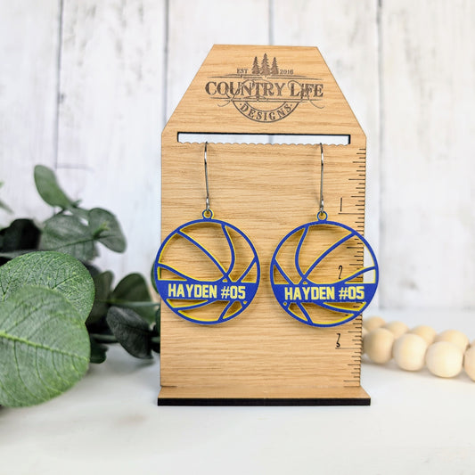 Two-Tone Acrylic Personalized Basketball Earrings – Deer River Warriors Team Spirit Jewelry