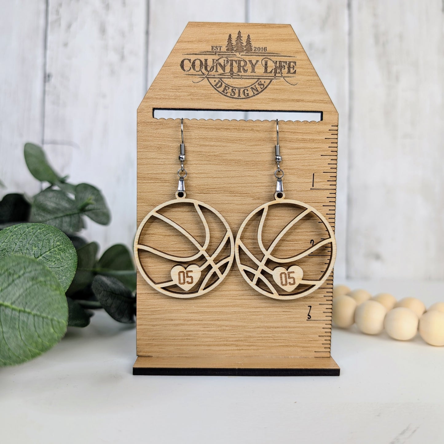 Wood Basketball Number Earrings – Deer River Warriors Team Spirit