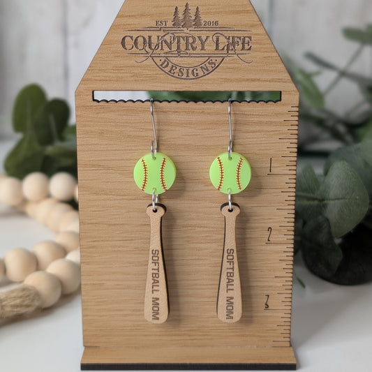 Softball Mom Earrings – Wood & Acrylic Softball Bat Dangle Earrings