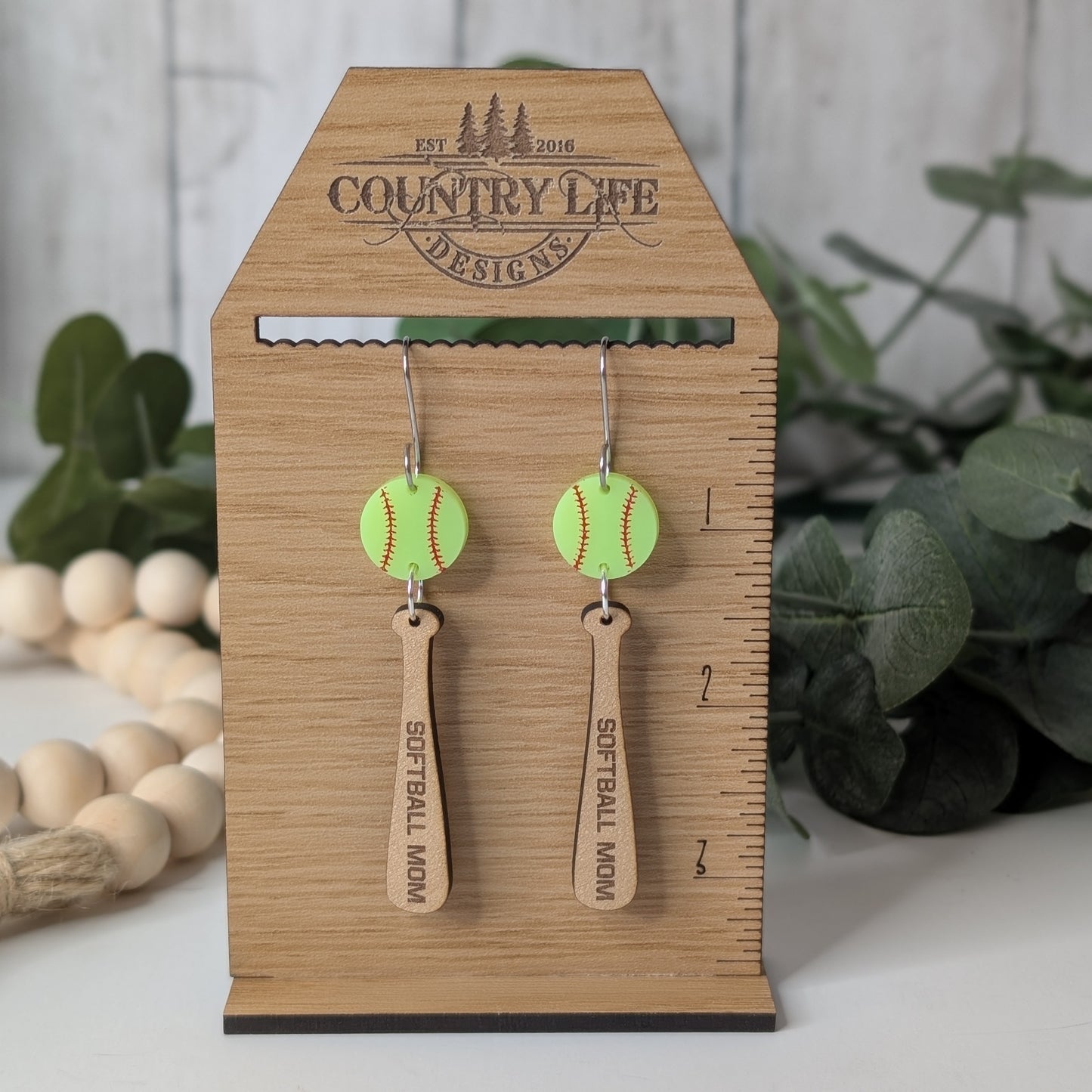 Softball Mom Earrings – Wood & Acrylic Softball Bat Dangle Earrings