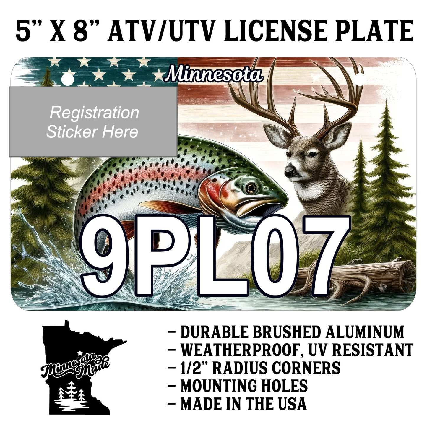 Rainbow Trout and Buck ATV/UTV License Plate – 5" x 8" Aluminum – Made in USA