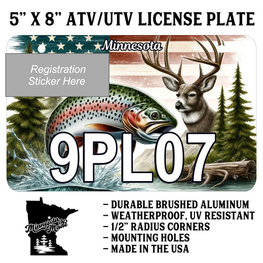 Rainbow Trout and Buck ATV/UTV License Plate – 5" x 8" Aluminum – Made in USA