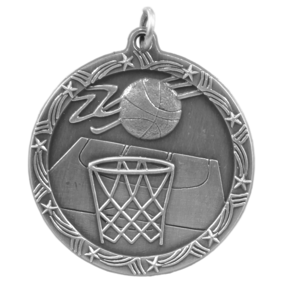 Antique Silver Basketball Shooting Star Medal