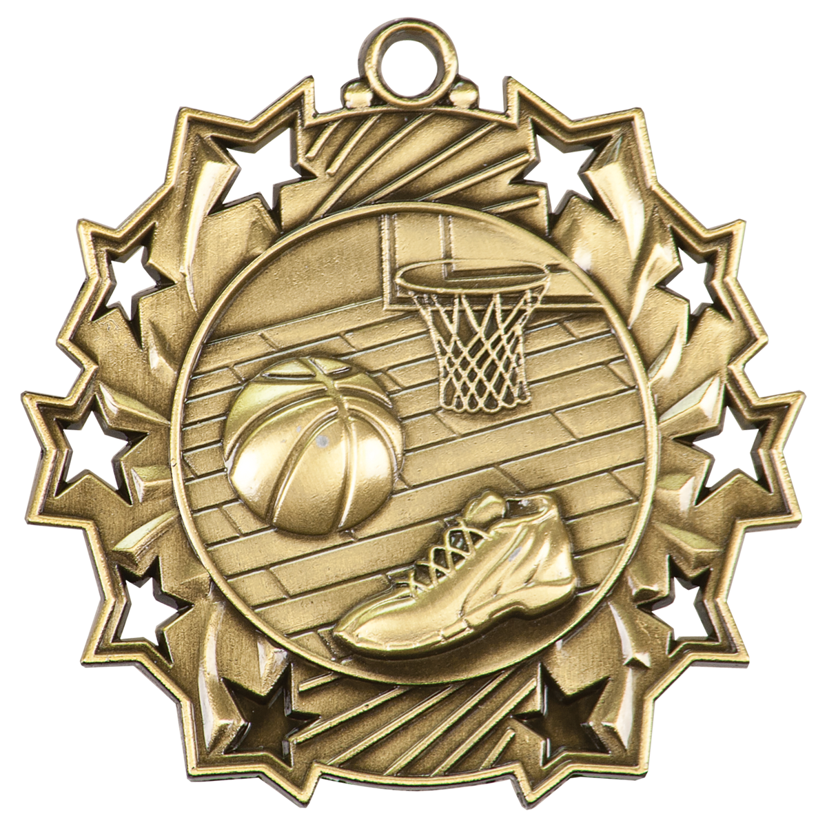 Antique Gold 2 1/4 inch Basketball Ten Star Medal