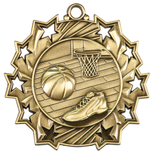 Antique Gold 2 1/4 inch Basketball Ten Star Medal
