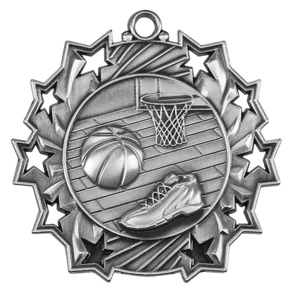 Antique Silver 2 1/4 inch Basketball Ten Star Medal