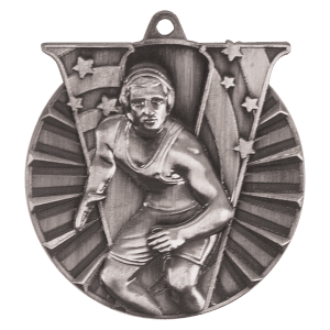 Antique Silver 2 inch Wrestling Victory Medal