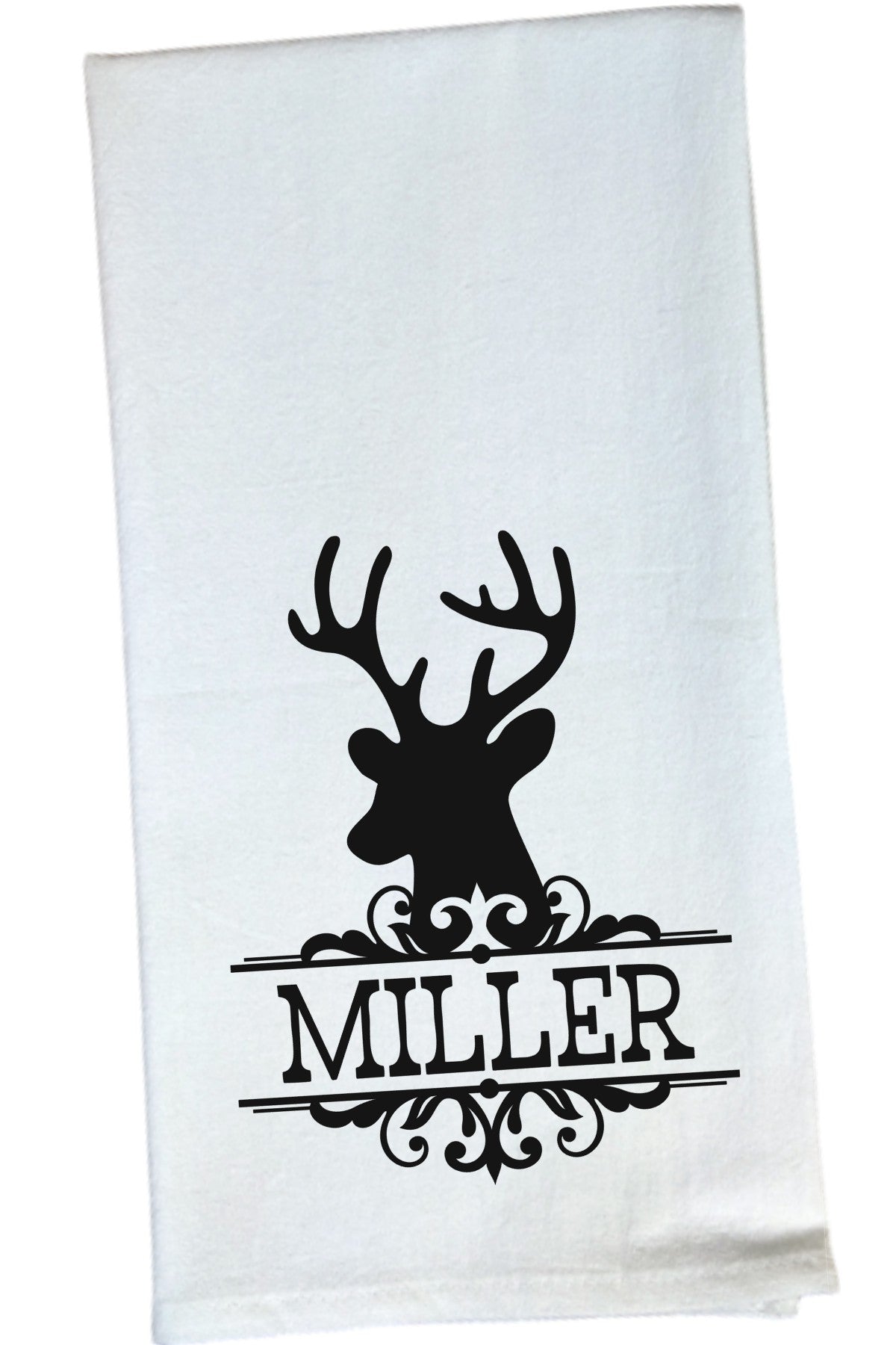 Custom Name Flour Sack Towel - Buck Design, Rustic Cabin Decor