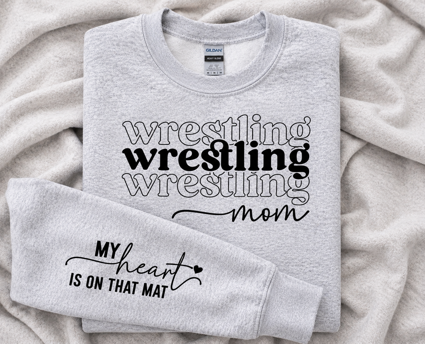 Wrestling Mom Sweatshirt with Sleeve Print - My Heart Is On That Mat