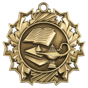 Antique Gold 2 1/4 inch Lamp of Knowledge Ten Star Medal