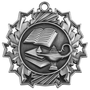 Antique Silver 2 1/4 inch Lamp of Knowledge Ten Star Medal