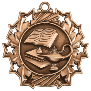 Antique Bronze 2 1/4 inch Lamp of Knowledge Ten Star Medal