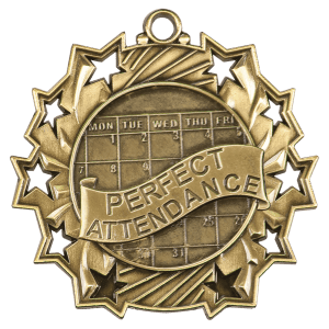 Antique Gold 2 1/4 inch Perfect Attendance Ten Star Medal
