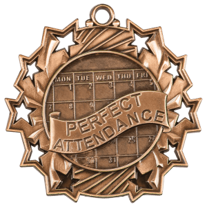 Antique Bronze 2 1/4 inch Perfect Attendance Ten Star Medal