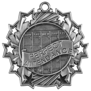 Antique Silver 2 1/4 inch Perfect Attendance Ten Star Medal