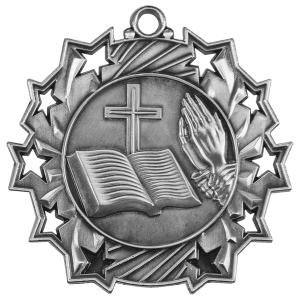 Antique Silver 2 1/4 inch Religious Ten Star Medal
